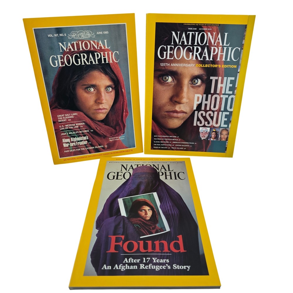 National Geographic Afghan Girl Magazine 3pc June 1985 April 2002 Oct 2013 Good